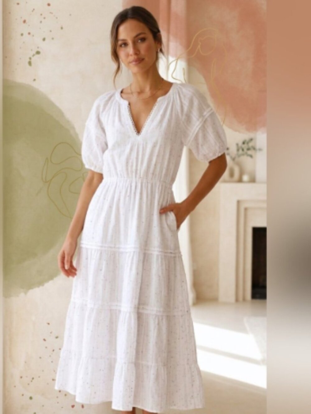 Betsey Johnson White Rainbow Confetti Tiered Midi Dress Puff Sleeve M